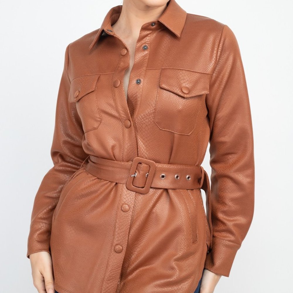 Faux Leather Shirt Jacket